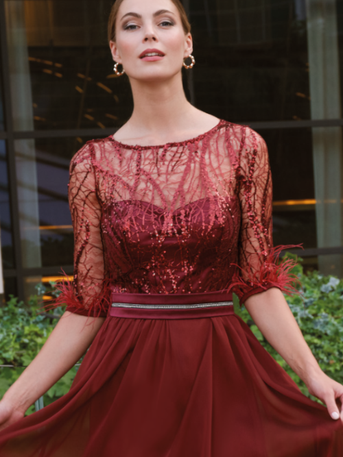 Vestido cuerpo pedreria con adornos de plumas en mangas
